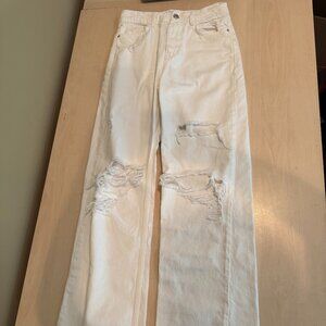 Zara White Denim Jeans Long Pants Ripped Size 4